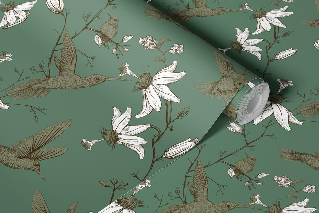 Sage green hummingbird wallpaper roll featuring vintage botanical floral bird pattern with detailed hummingbirds and flowers