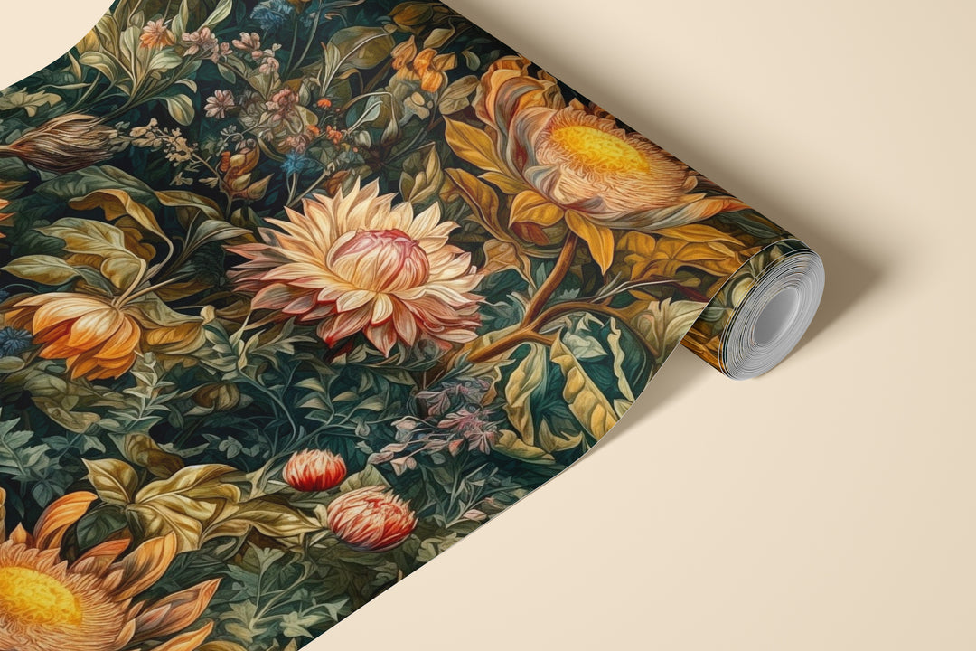 Dark green dahlia wallpaper with vintage orange and cream botanical flowers  pattern shown on a rolled wallpaper sample