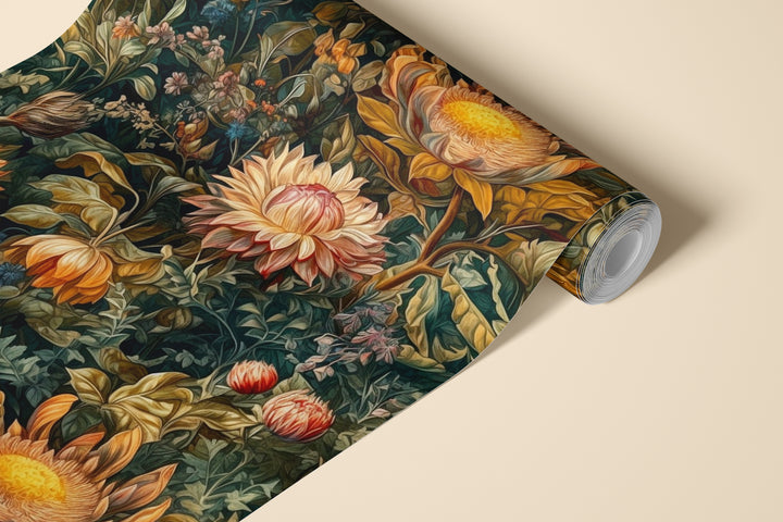 Dark green dahlia wallpaper with vintage orange and cream botanical flowers  pattern shown on a rolled wallpaper sample