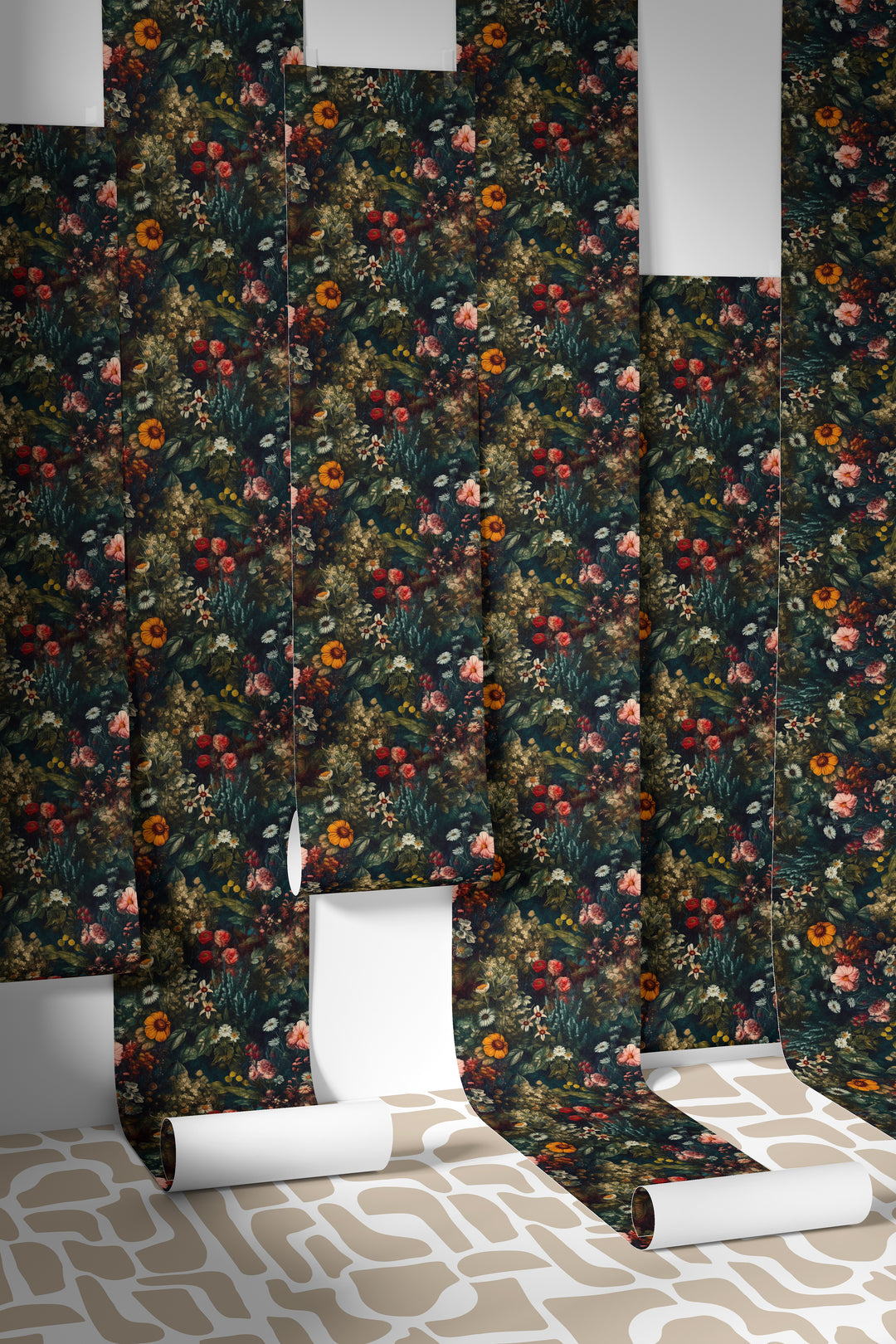 Dahlia Wallpaper Dark Teal Vintage Wildflower Floral Pattern in multiple hanging wallpaper sheets.