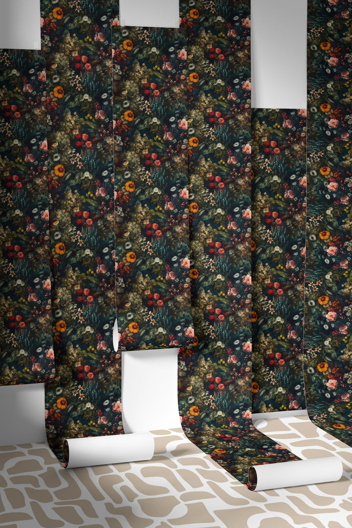 Dahlia Wallpaper Dark Teal Vintage Wildflower Floral Pattern in multiple hanging wallpaper sheets.