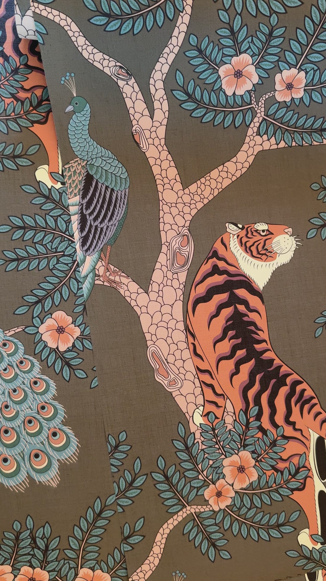 Tiger and Peacock in woods on brown background wallpaper #3184