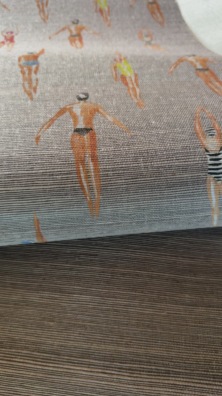 Vintage Swimmers Wallpaper Printed on Gray Sisal Luxury Wallcovering 93402