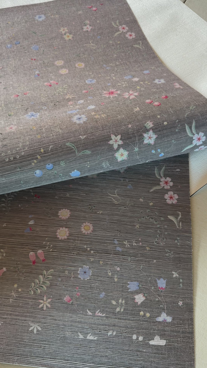 Natural gray sisal wallcovering with colorful wildflowers, berries, and botanical elements printed on woven fibers 93682.