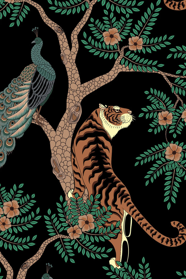 Tiger and Peacock in the woods on the black background