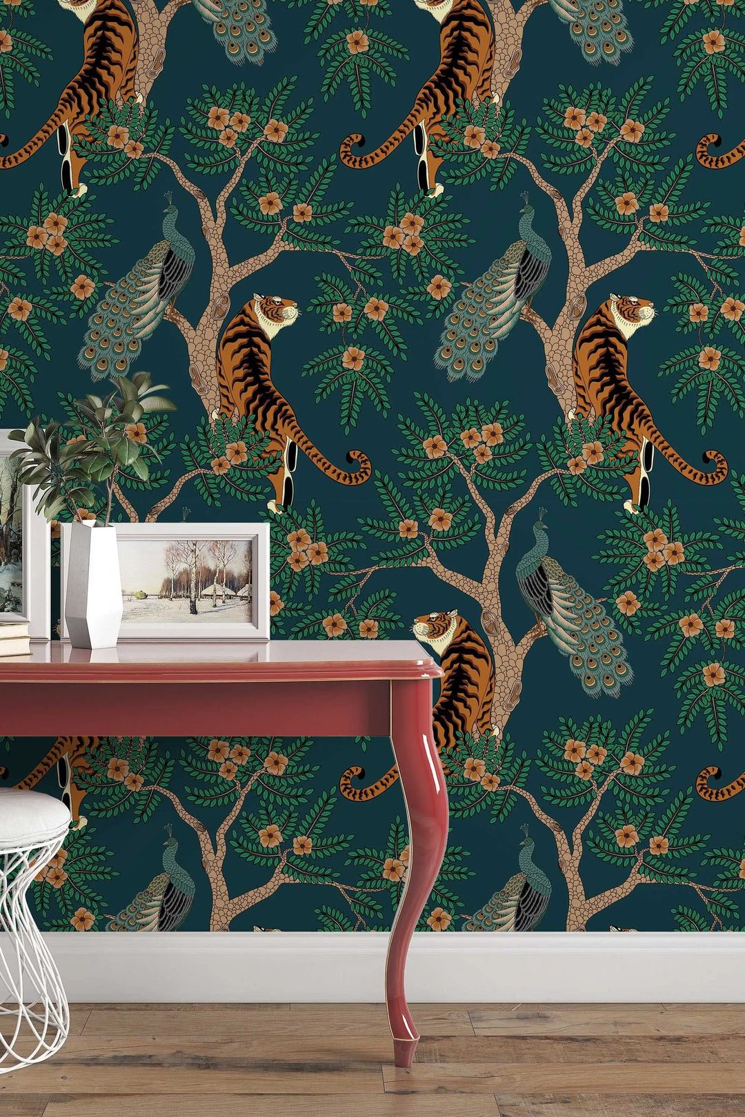 Tiger and Peacock in the woods on the deep green background