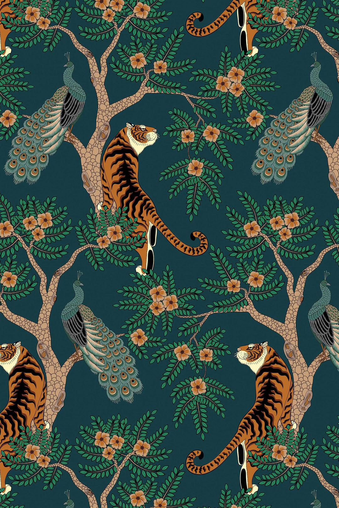 Tiger and Peacock in the woods on the deep green background