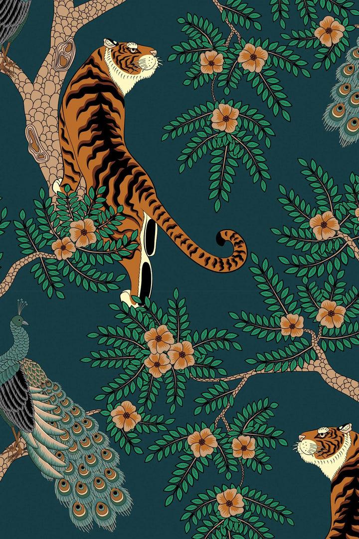 Tiger and Peacock in the woods on the deep green background