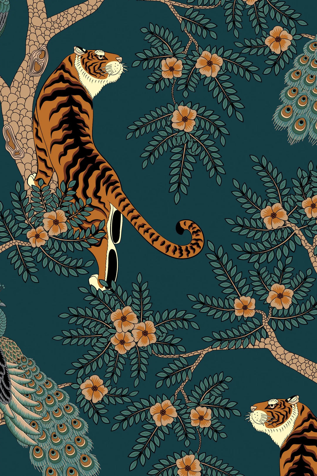 Tiger and Peacock in the woods on the deep green background