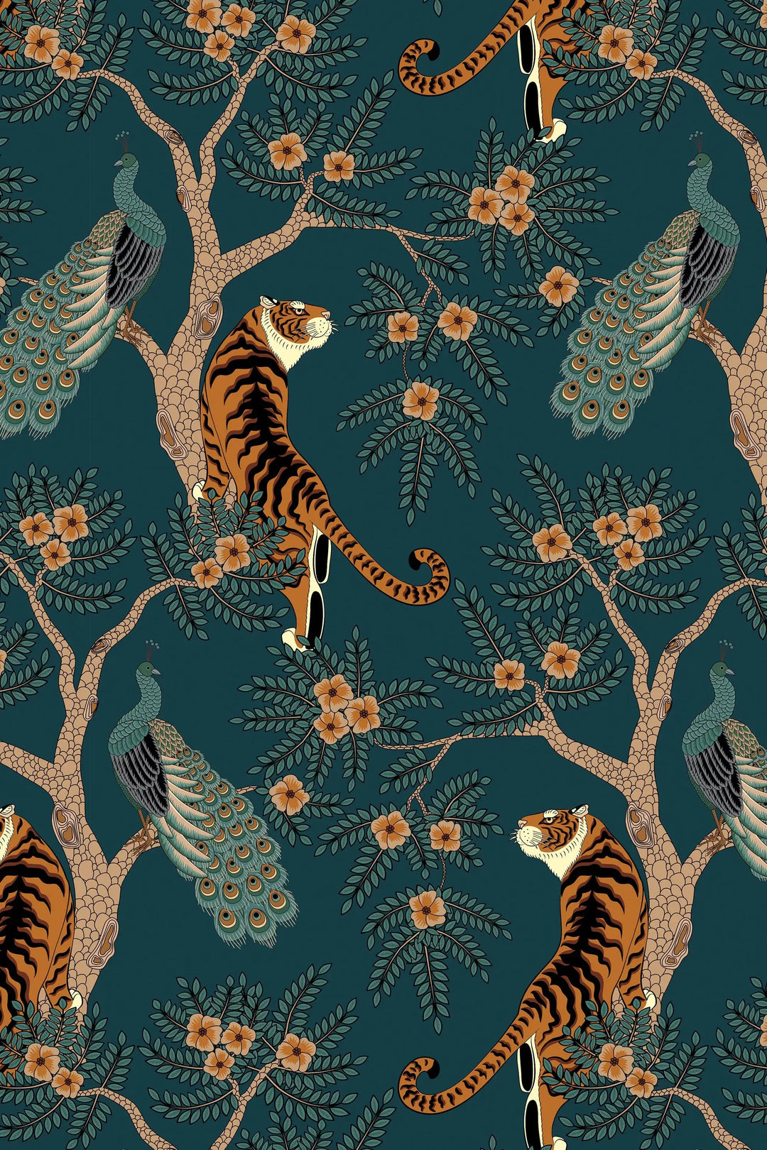 Tiger and Peacock in the woods on the deep green background