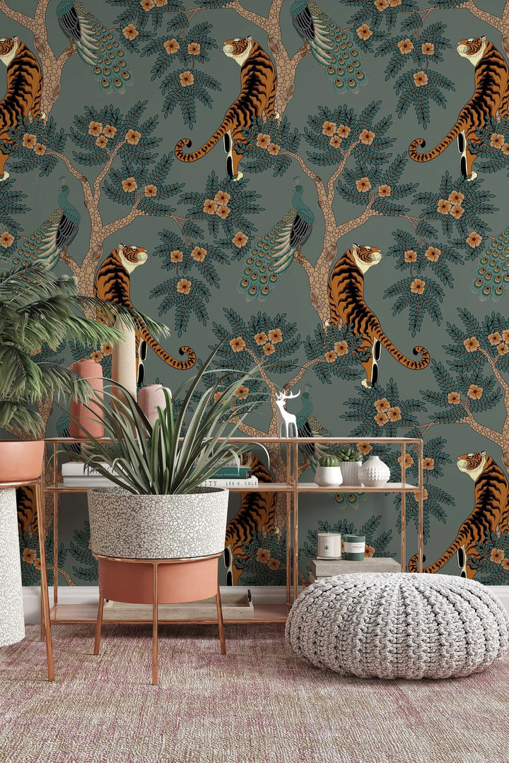 Tiger and Peacock in woods wallpaper gray background #3296