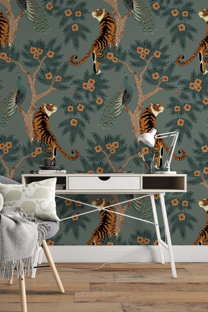 Tiger and Peacock in woods wallpaper gray background #3296