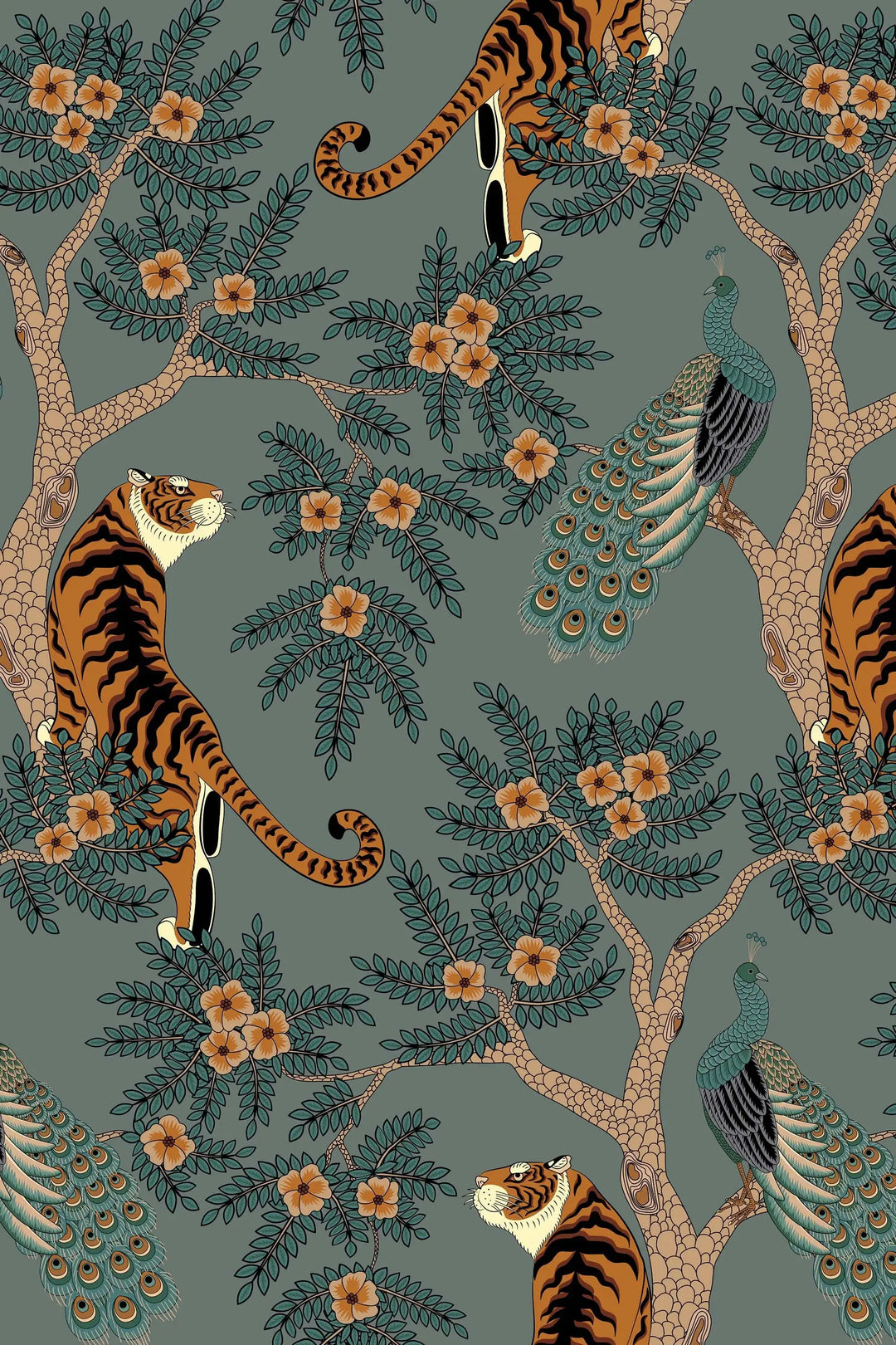 Tiger and Peacock in woods wallpaper gray background #3296