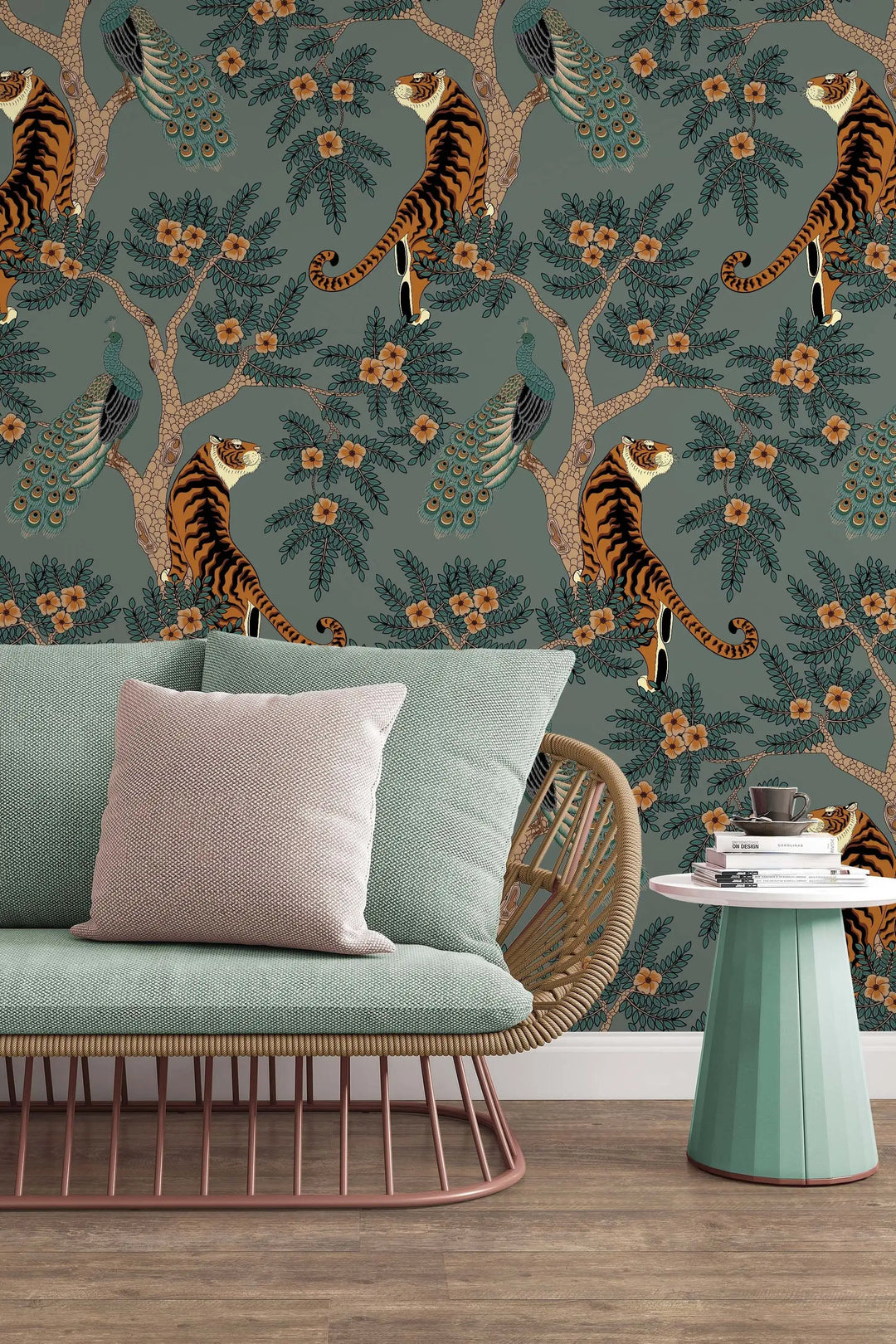 Tiger and Peacock in woods wallpaper gray background #3296