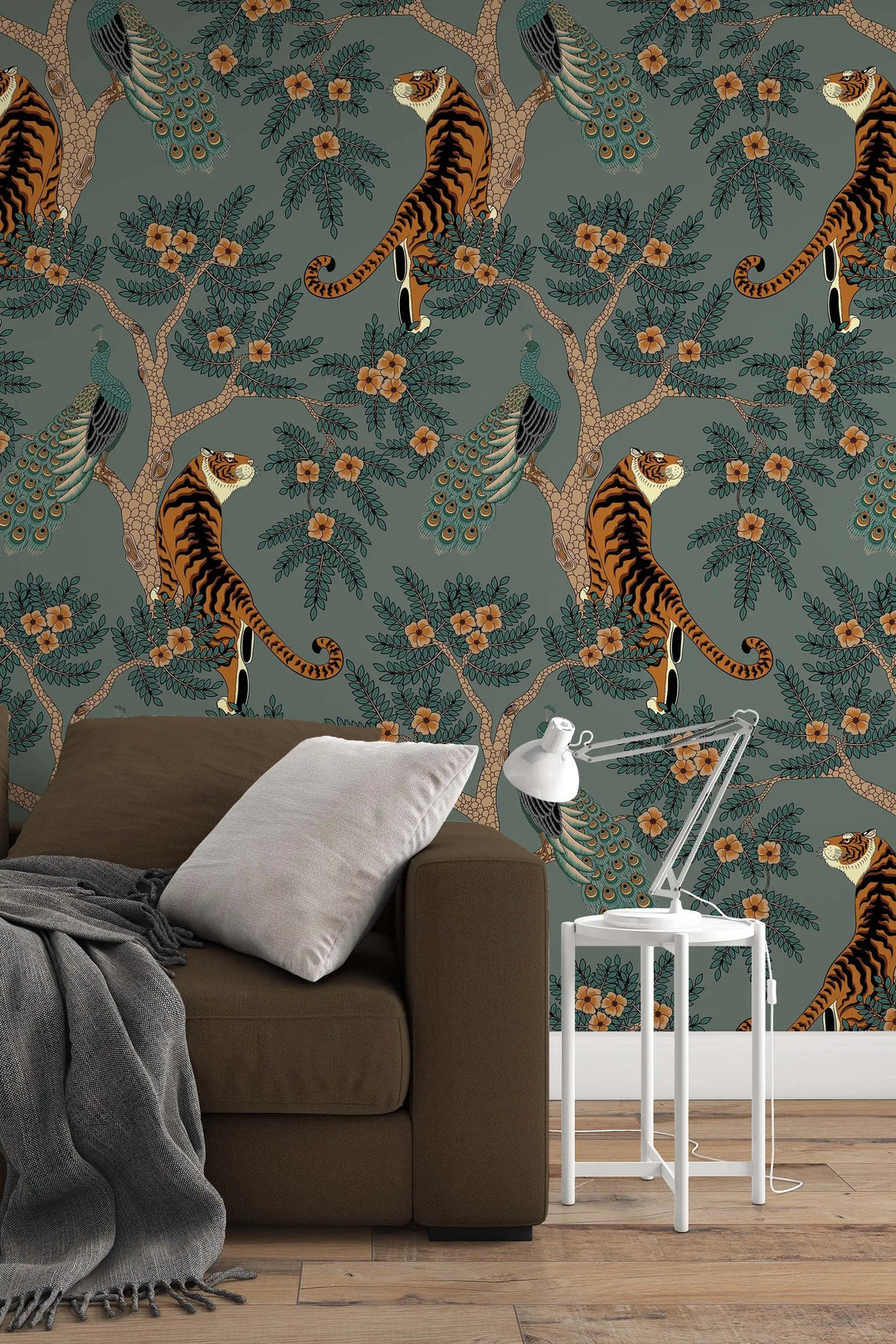 Tiger and Peacock in woods wallpaper gray background #3296