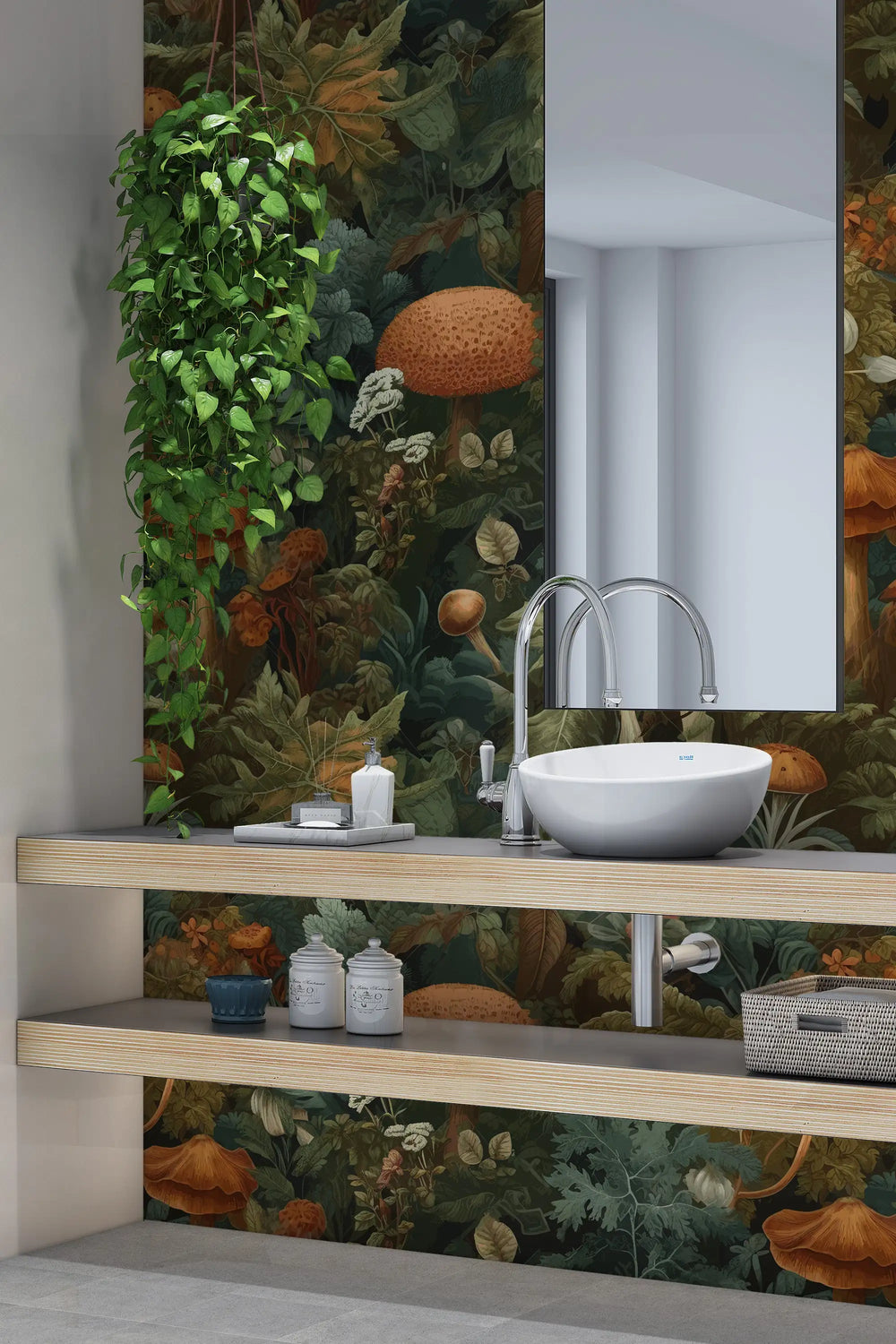 Modern bathroom vanity with a vessel sink and nature-inspired wall mural.