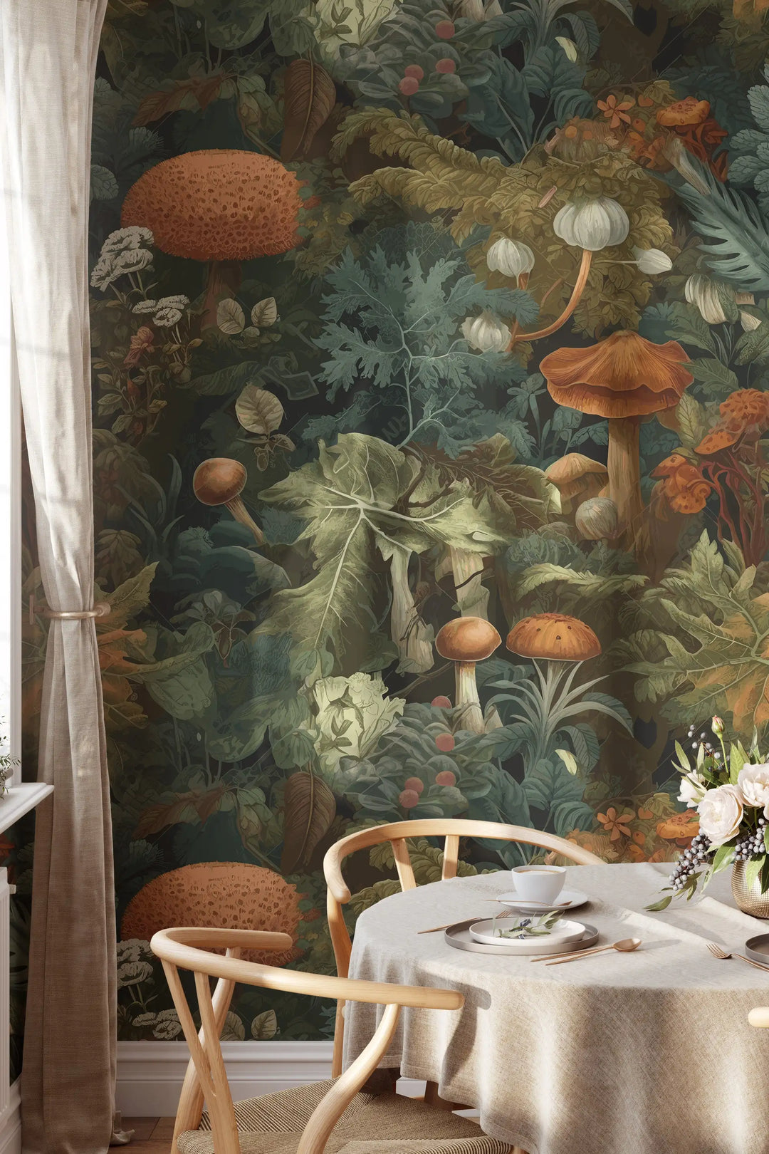 Vibrant forest-themed wallpaper featuring mushrooms, leaves, and botanical elements.