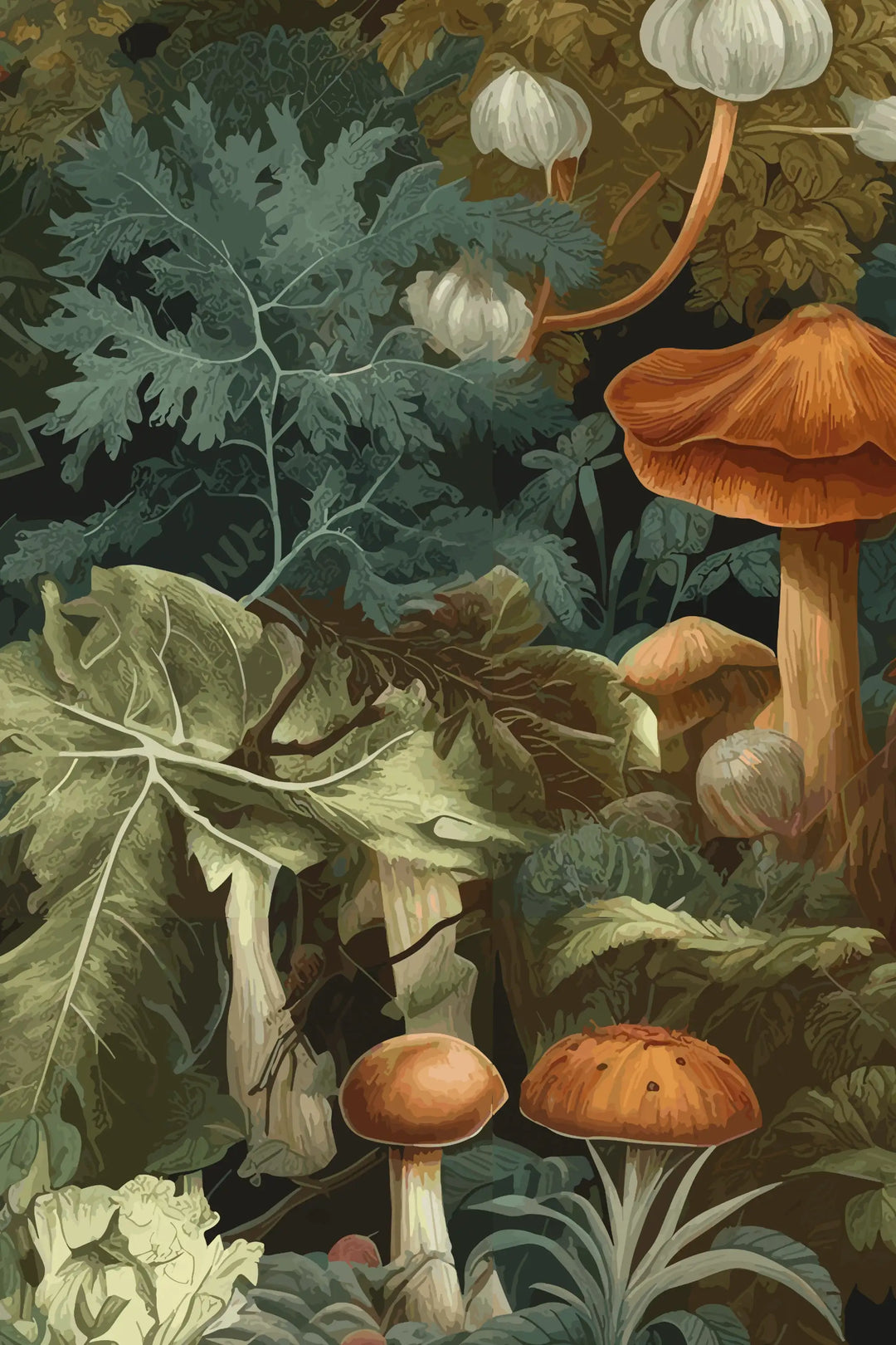 Assortment of mushrooms and plants in a detailed, naturalistic painting style.