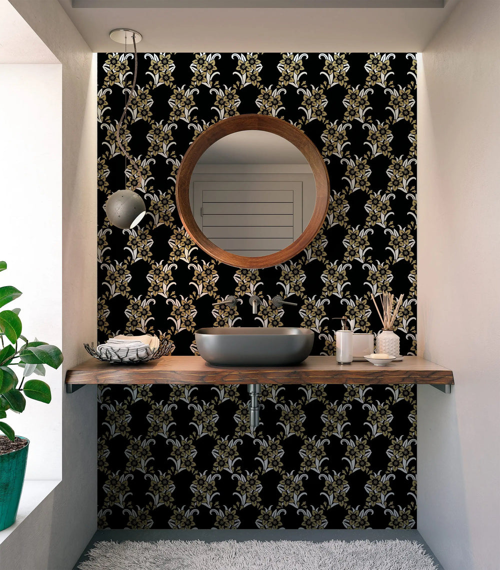 Wallpaper black color flowers pattern - 2334