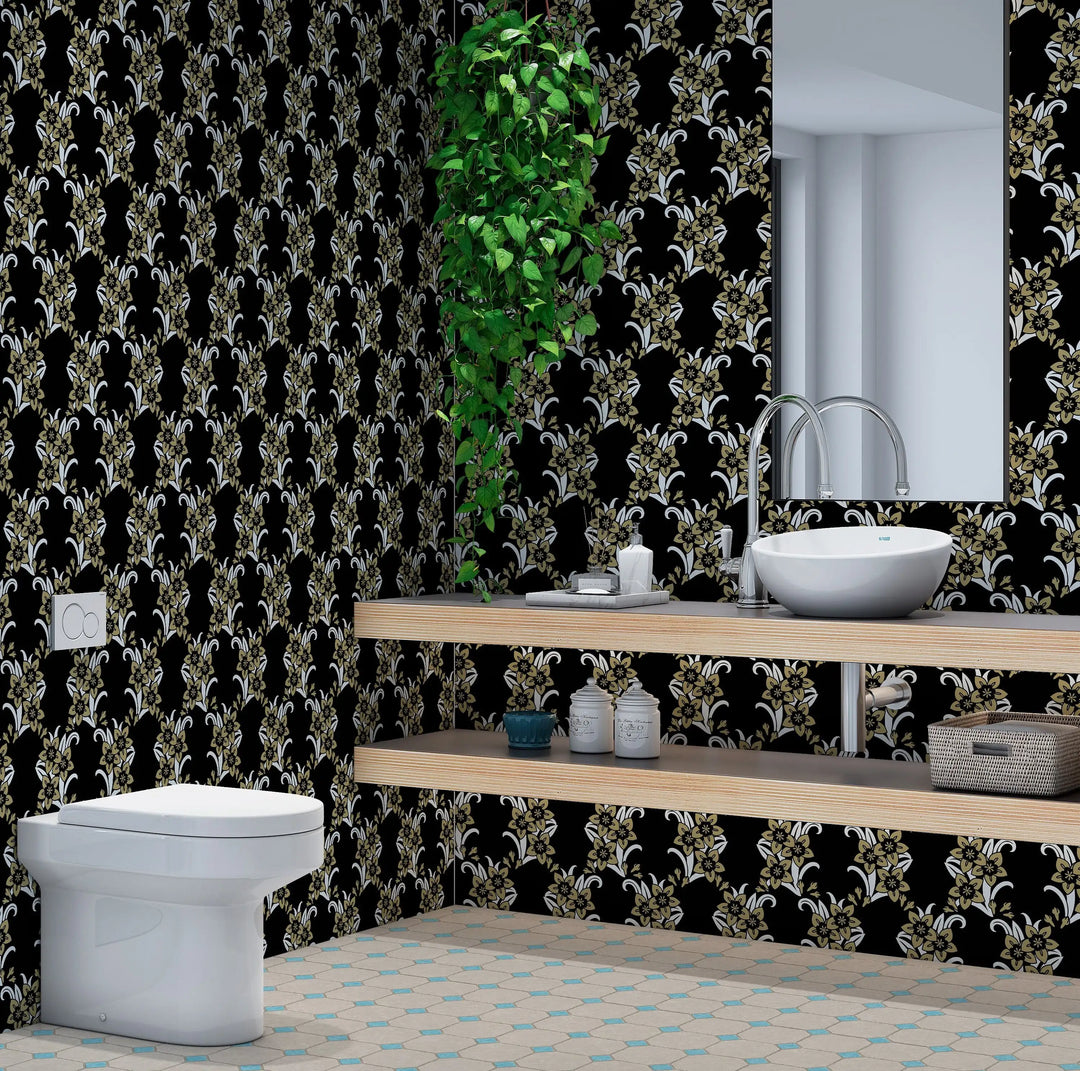 Wallpaper black color flowers pattern - 2334