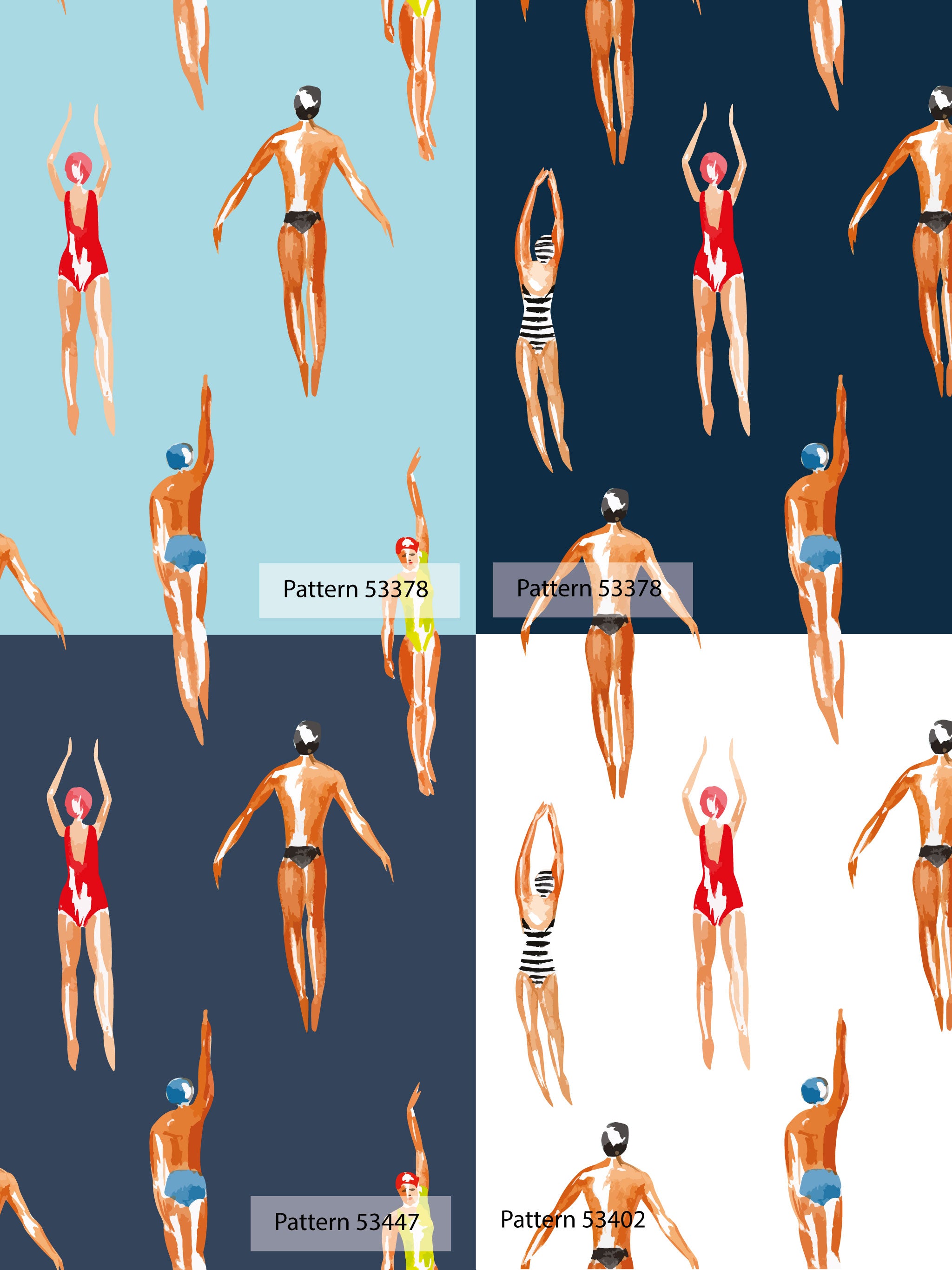 Vintage Swimmers Wallpaper Navy Blue Background - Peel & Stick and