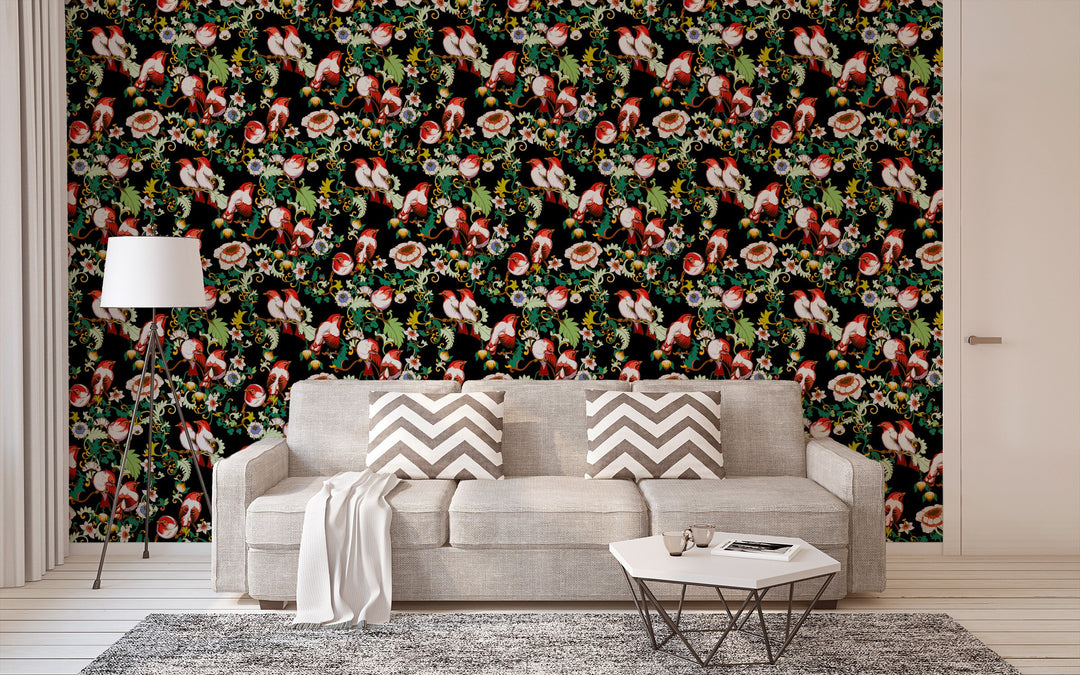 Wallpaper nightingales Macao Forest Birds. roll size W2XH10 dark black seamless pattern trees, trees. For a living room, bedroom