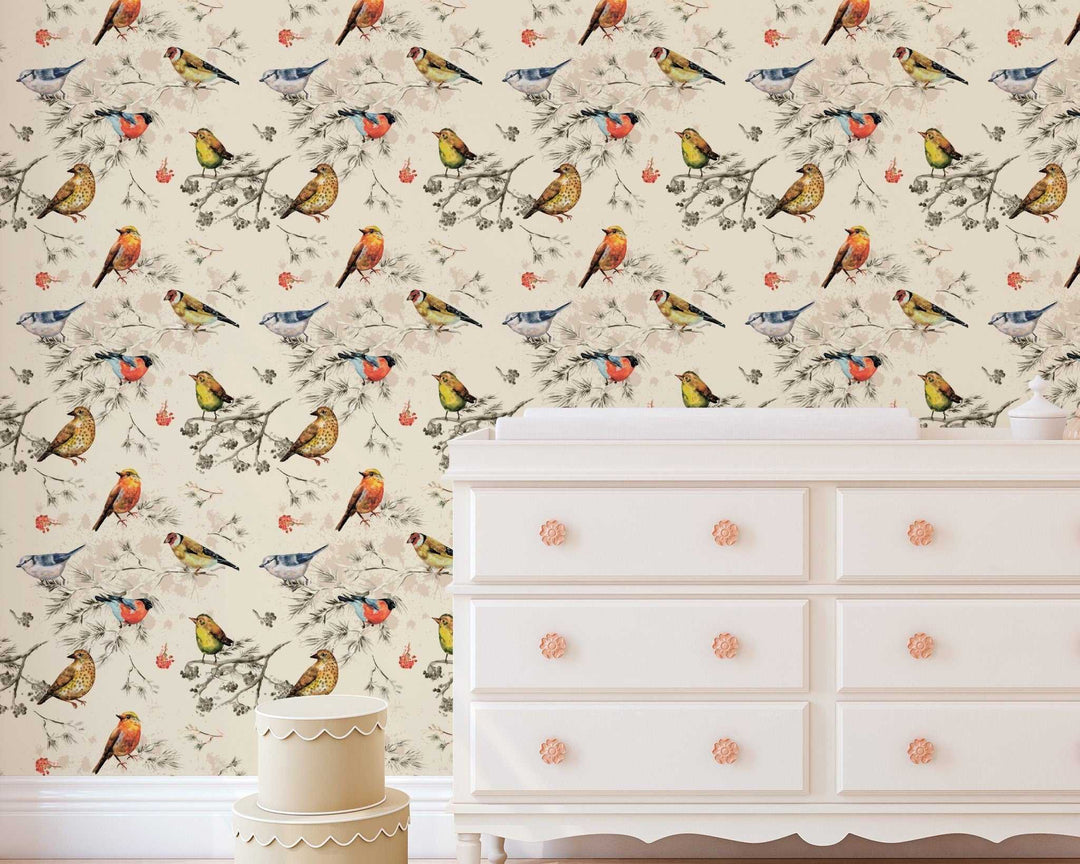 Wallpaper water birds pattern - peel and stick and traditional wallpaper  - bedroom, bathroom, powder room - kids room