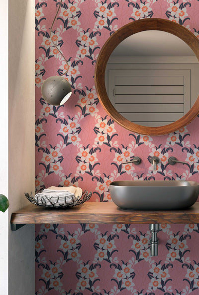 Wallpaper pink color flowers pattern size W2XH10 light seamless pink pattern flowers. For a living room, bedroom, bathroom, powder room