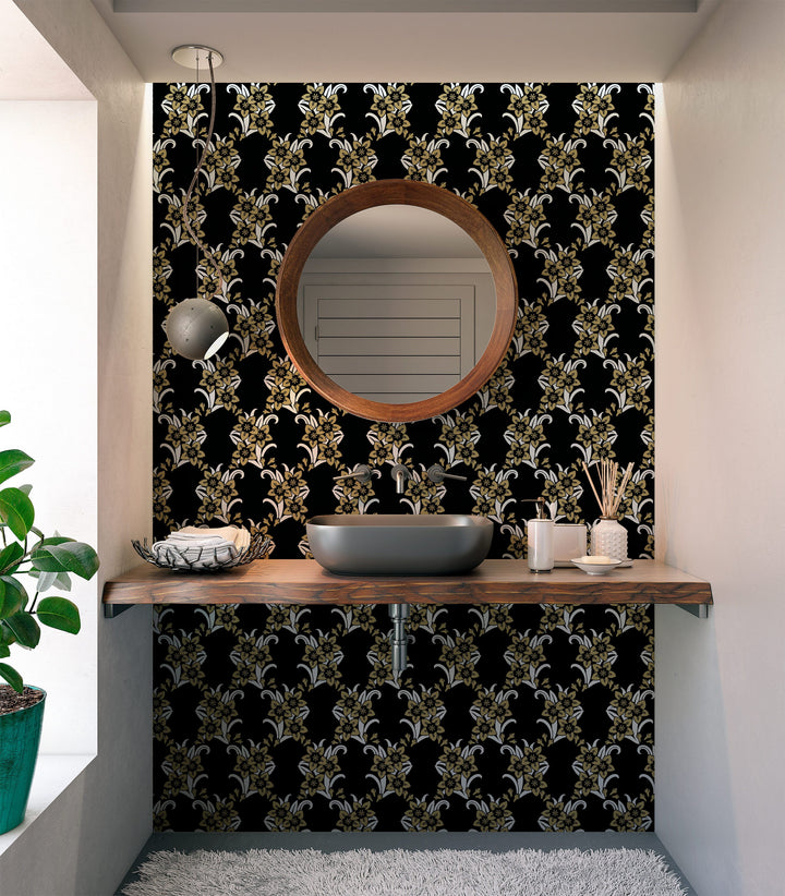 Wallpaper black color flowers pattern size W2XH10 light seamless black pattern flowers. For a living room, bedroom, bathroom, powder room