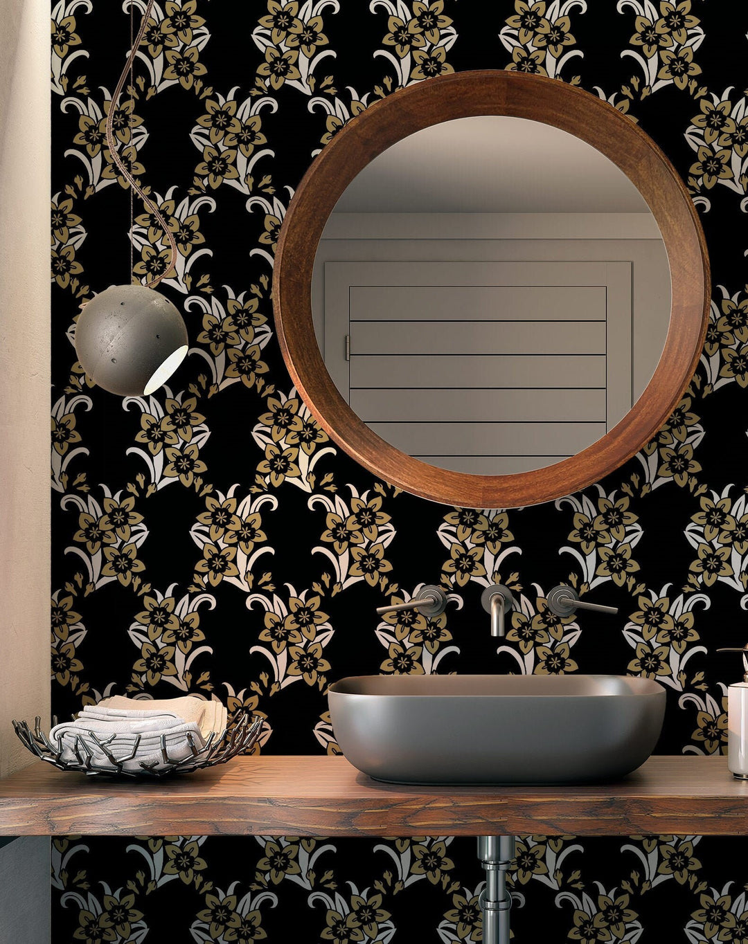 Wallpaper black color flowers pattern size W2XH10 light seamless black pattern flowers. For a living room, bedroom, bathroom, powder room