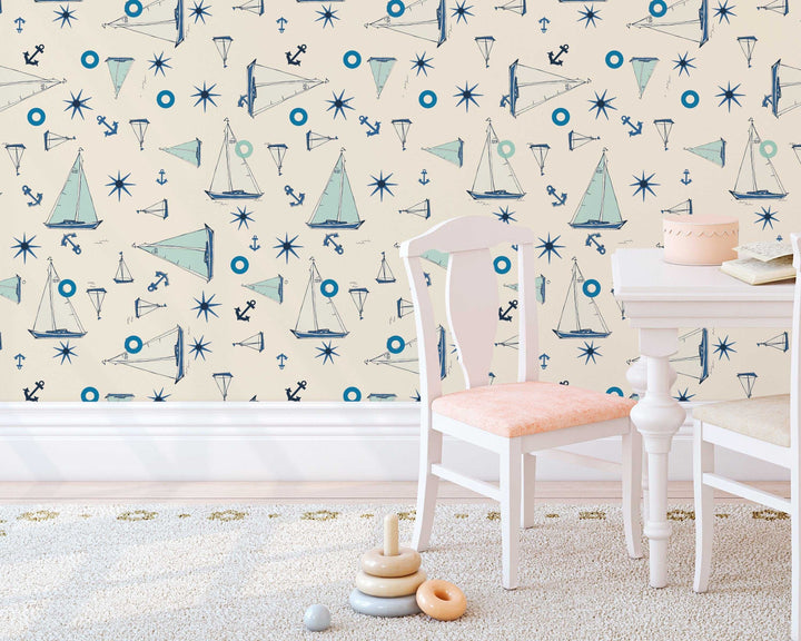 Blue Sail Boat for kids - Removable wallpaper - Vinyl Peel and Stick Wall #3023