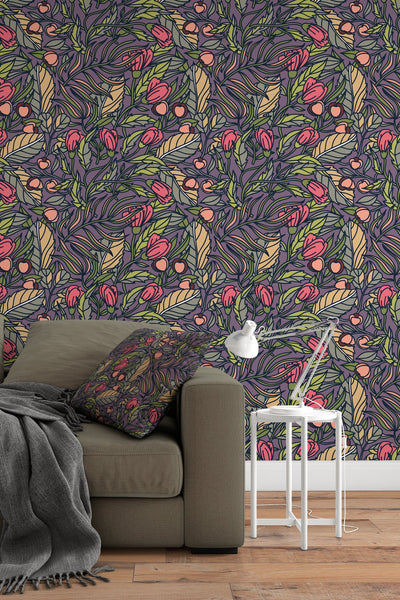 Buds floral pattern wallpaper design #3064- peel and stick removable self adhesive and traditional wallpaper