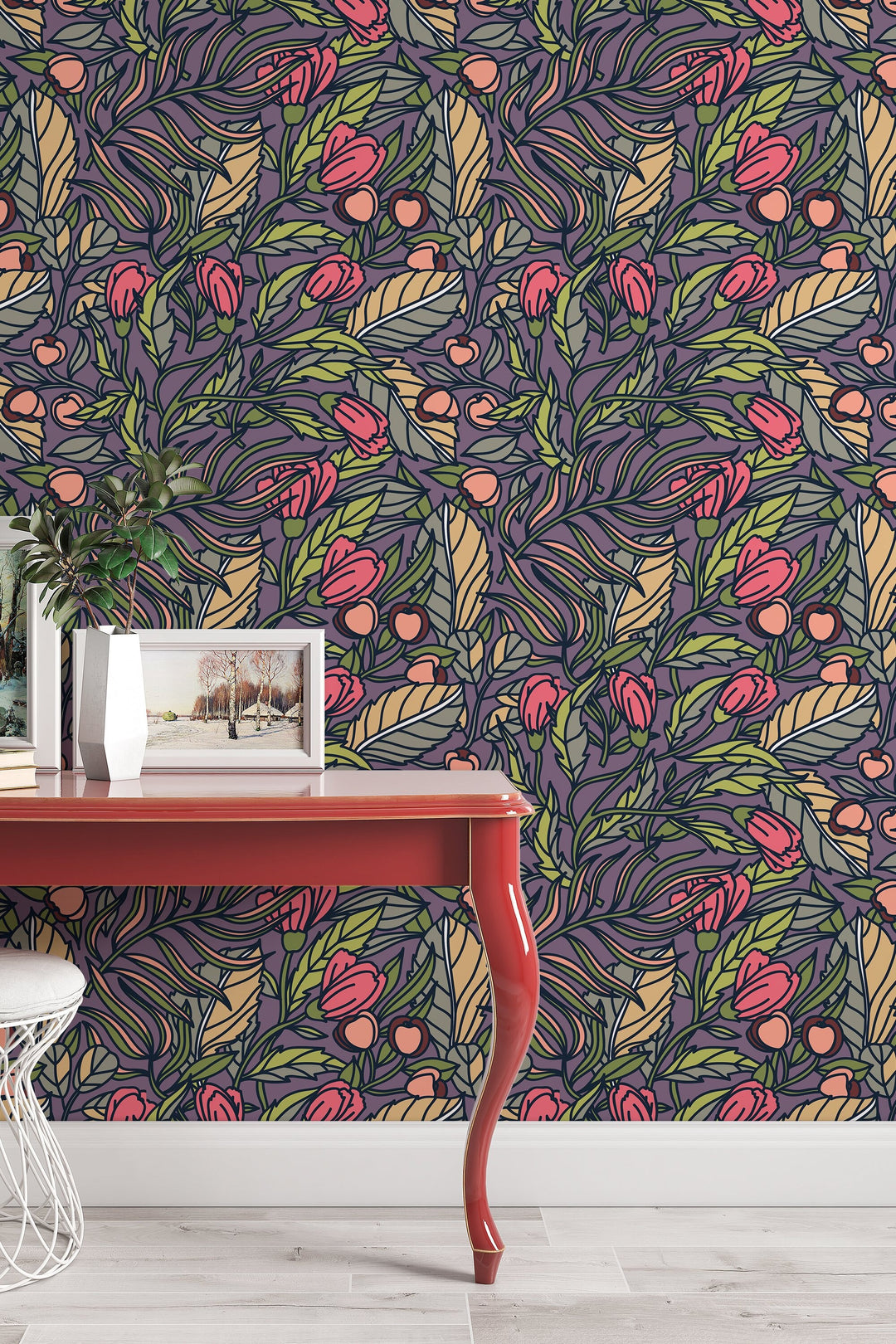 Buds floral pattern wallpaper design #3064- peel and stick removable self adhesive and traditional wallpaper