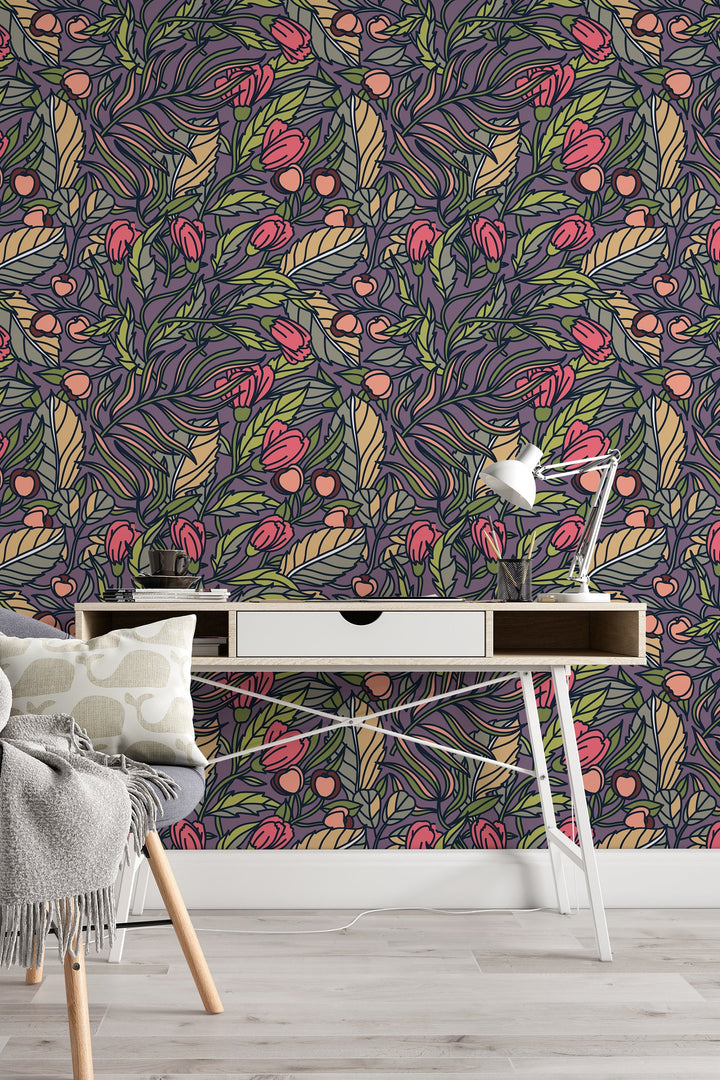 Buds floral pattern wallpaper design #3064- peel and stick removable self adhesive and traditional wallpaper