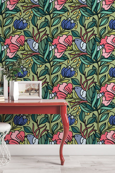 Buds floral pattern wallpaper design #3072- peel and stick removable self adhesive and traditional wallpaper