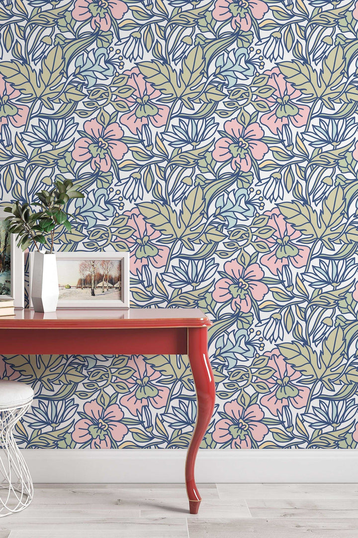 Buds floral pattern wallpaper design #3077- peel and stick removable self adhesive and traditional wallpaper