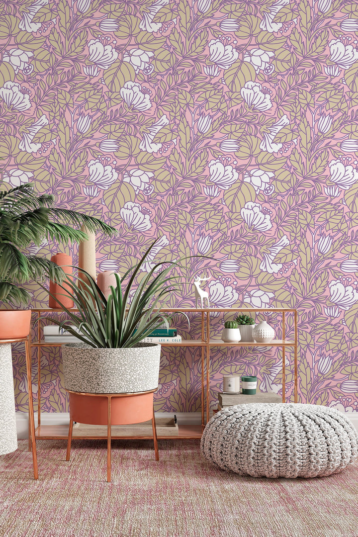 Buds floral pattern wallpaper design #3070- peel and stick removable self adhesive and traditional wallpaper