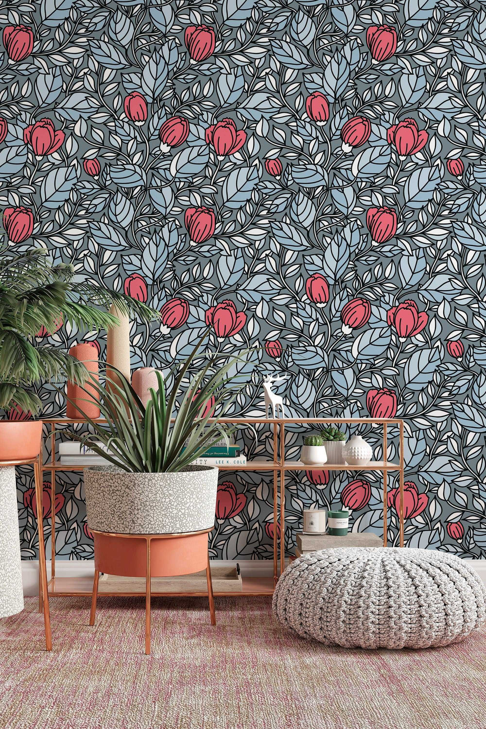 Buds floral pattern red flowers om gray wallpaper design#3059- peel and stick removable self adhesive and traditional wallpaper