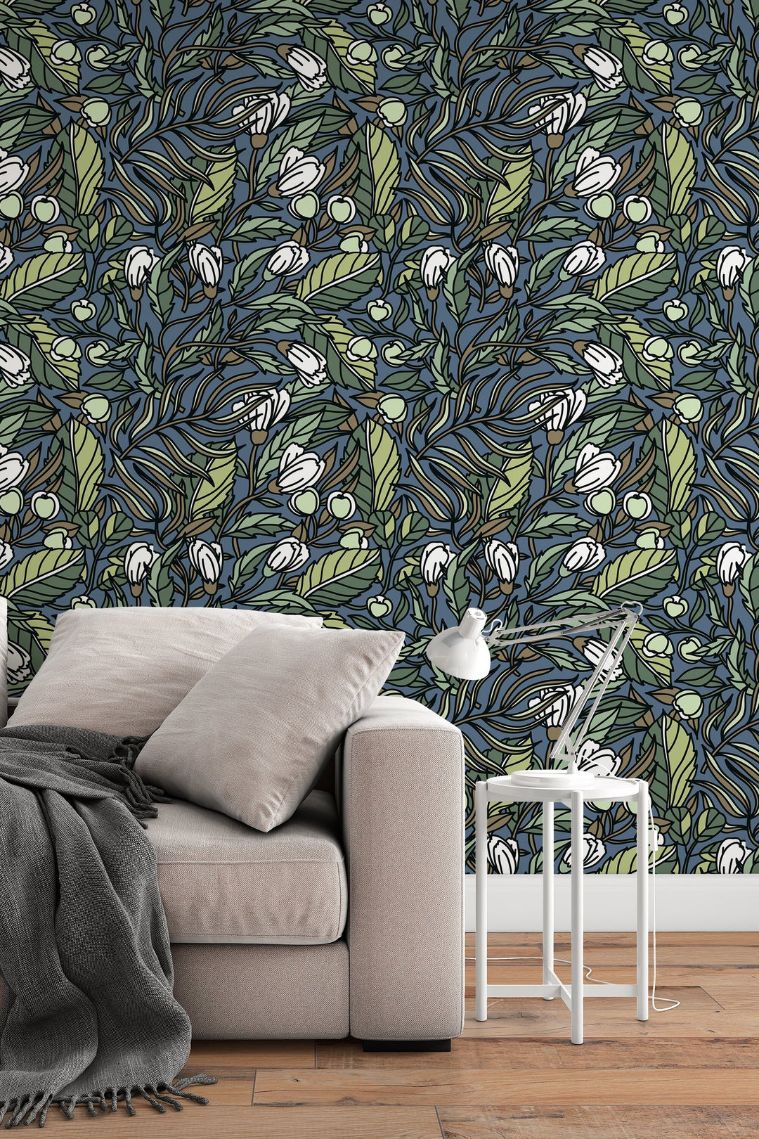 White Buds floral pattern and leafs wallpaper design #3062