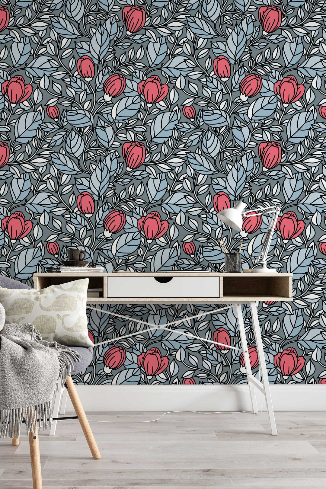 Buds floral pattern red flowers om gray wallpaper design#3059- peel and stick removable self adhesive and traditional wallpaper