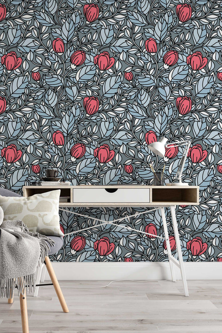 Buds floral pattern red flowers om gray wallpaper design#3059- peel and stick removable self adhesive and traditional wallpaper