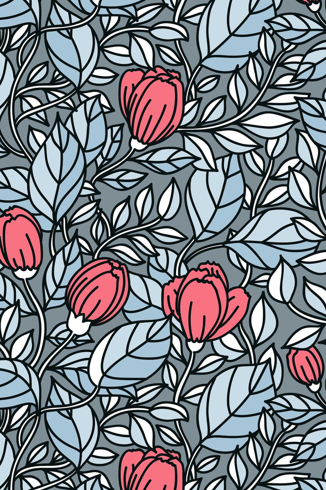 Buds floral pattern red flowers om gray wallpaper design#3059- peel and stick removable self adhesive and traditional wallpaper