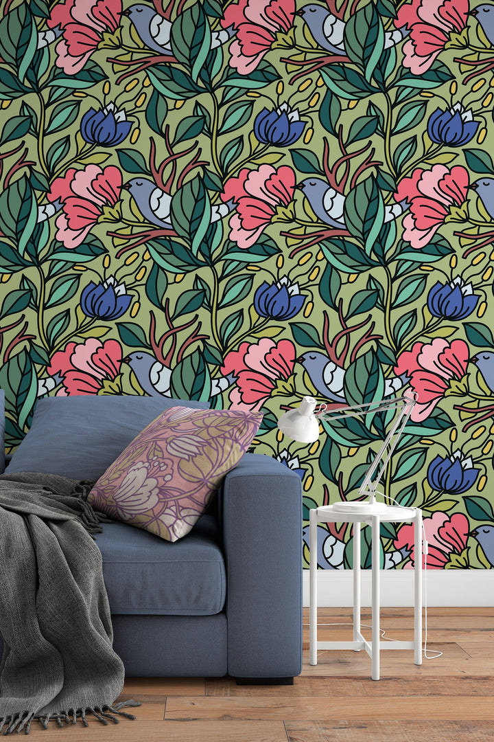 Buds floral pattern wallpaper design #3072- peel and stick removable self adhesive and traditional wallpaper
