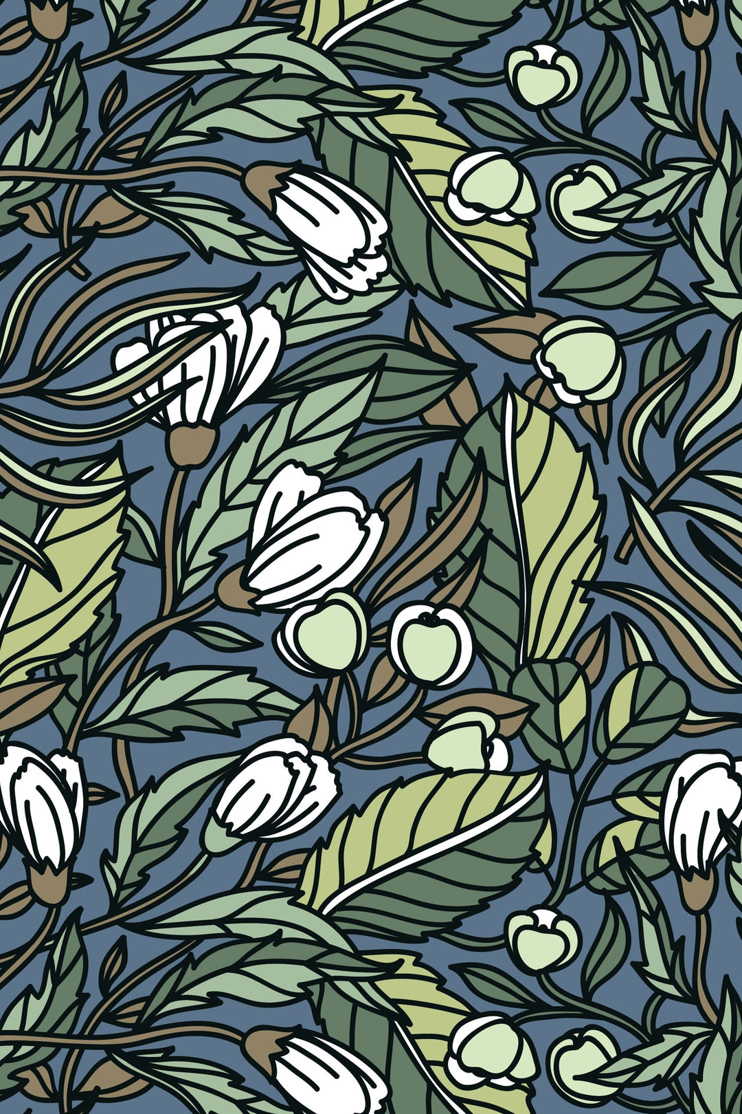 White Buds floral pattern and leafs wallpaper design #3062