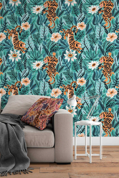 Tiger in the Woods Wallcovering - Fabric Peel & Stick Wallpaper - Removable Self Adhesive Wallpaper Roll pattern wallpaper design#3098