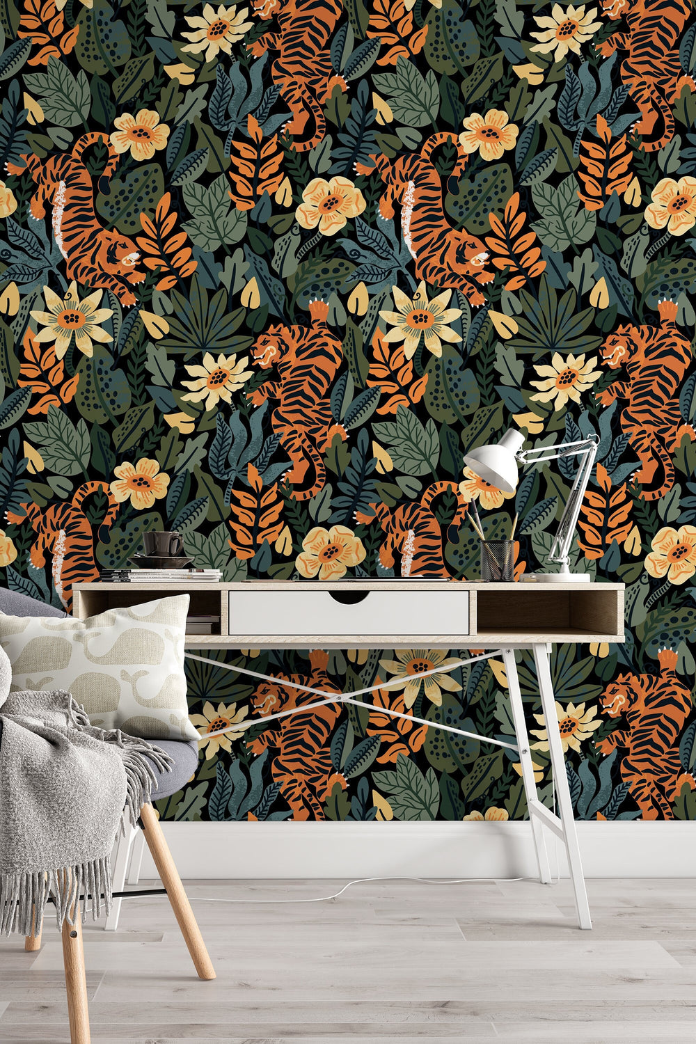 Tiger in the Woods Wallcovering - Fabric Peel & Stick Wallpaper - Removable Self Adhesive Wallpaper Roll pattern wallpaper design#3095