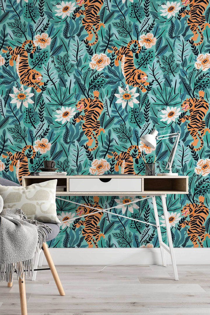 Tiger in the Woods Wallcovering - Fabric Peel & Stick Wallpaper - Removable Self Adhesive Wallpaper Roll pattern wallpaper design#3098