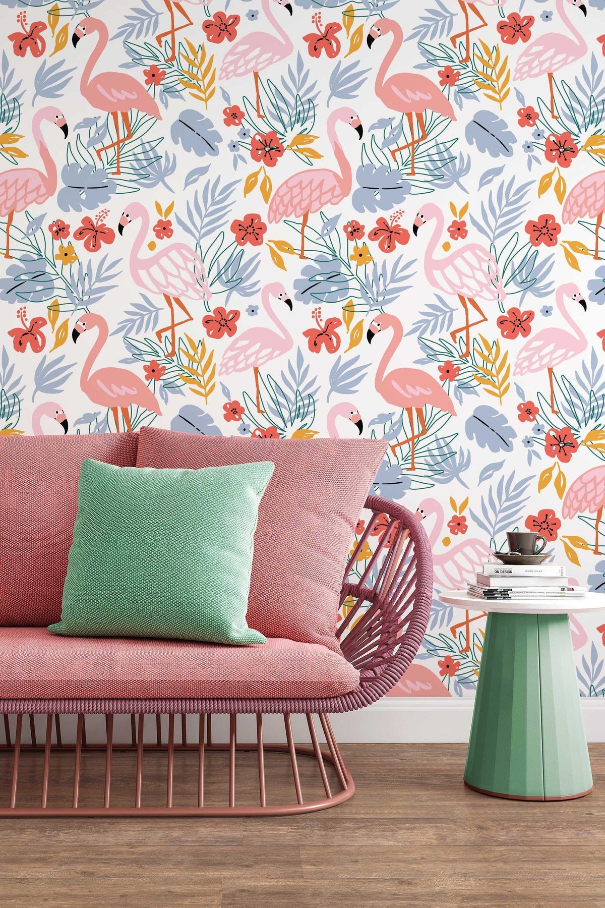 Brushed aluminium prints Tropical vintage pink flamingo and palm trees  floral seamless pattern black background. Exotic jungle wallpaper. -  Nikkel-Art.co.uk