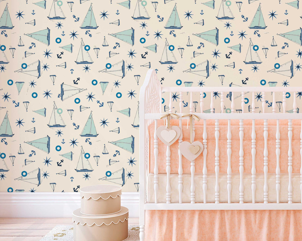 Blue Sail Boat for kids - Removable wallpaper - Vinyl Peel and Stick Wall #3023