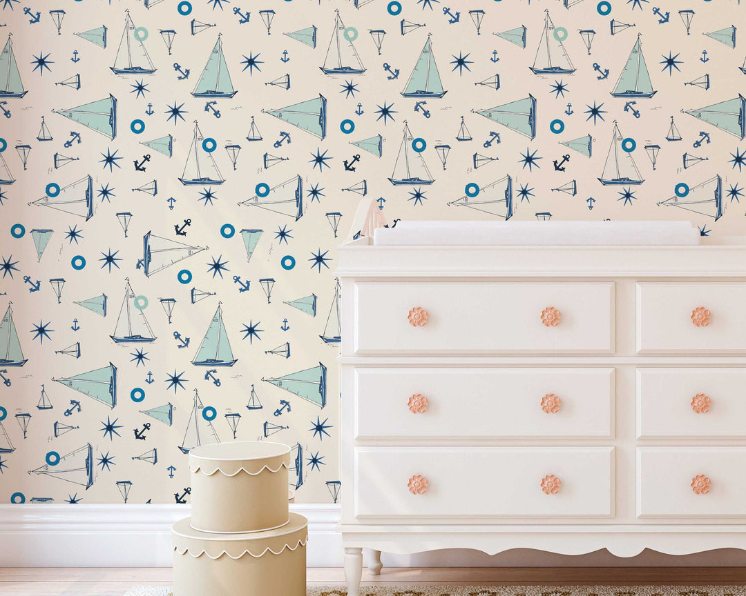 Blue Sail Boat for kids - Removable wallpaper - Vinyl Peel and Stick Wall #3023